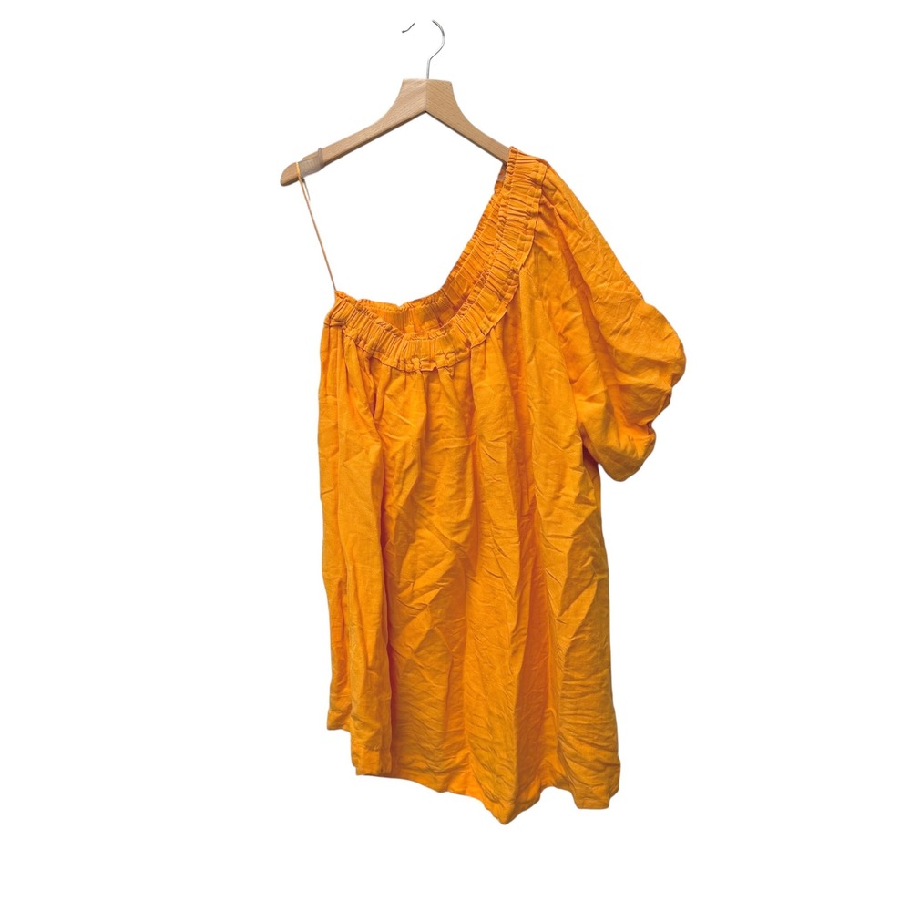 Anthropologie Orange One Shoulder Linen Blend Mini Dress Large Puff Sleeve Large - Picture 3 of 6